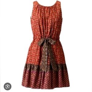 Anthropologie Red and Brown Patterned Midi Dress